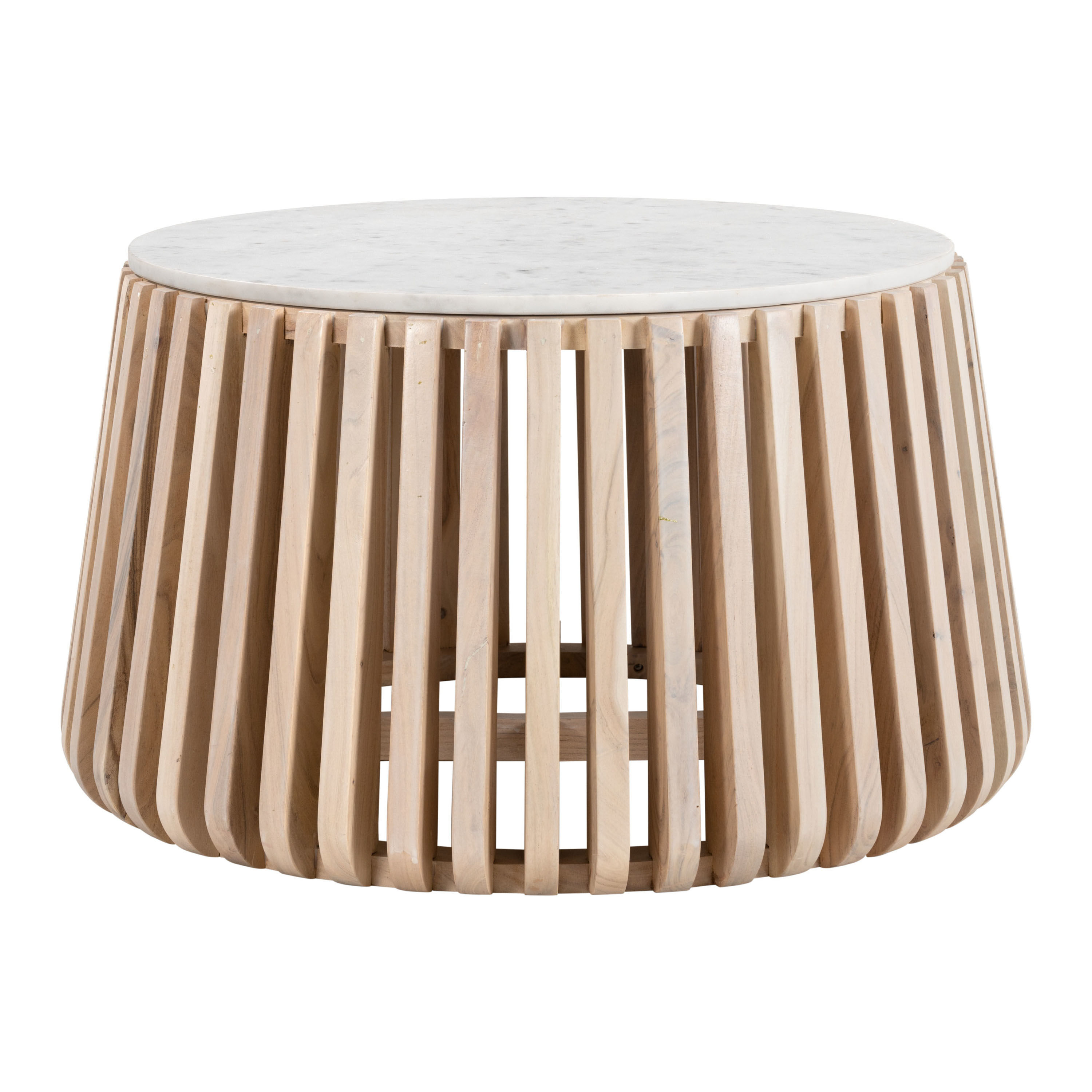 Winslow Round White Marble Top and Slatted Wood Coffee Table image number 0