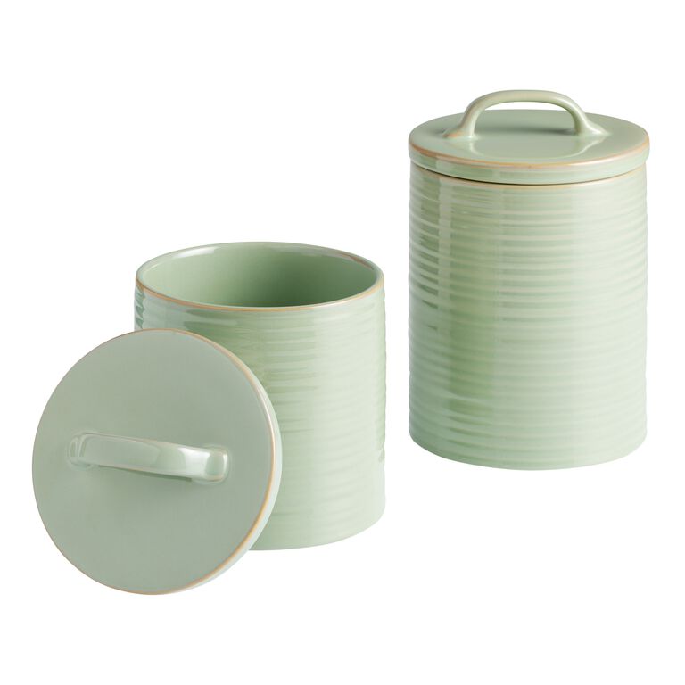 White Textured Ceramic Canisters with Bamboo Lids Set of 2 - World Market