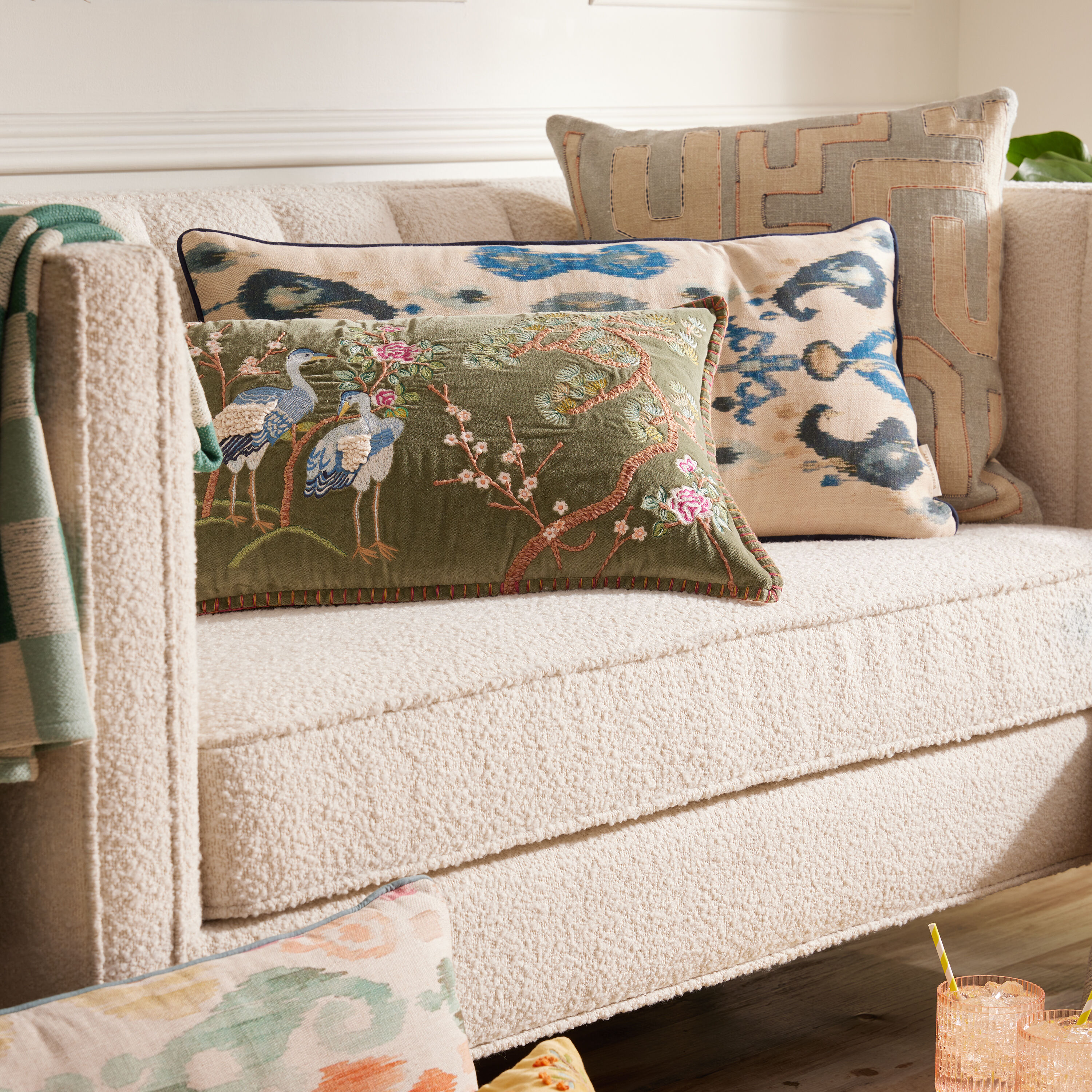 Sage Green Velvet Crane Embroidered Lumbar Pillow