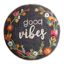 Round Dark Indigo Embroidered Good Vibes Throw Pillow
