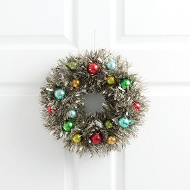 Antique Silver Retro Tinsel with Ball Ornaments Wreath Antique Silver Retro Tinsel with Ball Ornaments Wreath