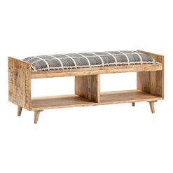 Nelson Mango Wood Upholstered Bench with Shelves