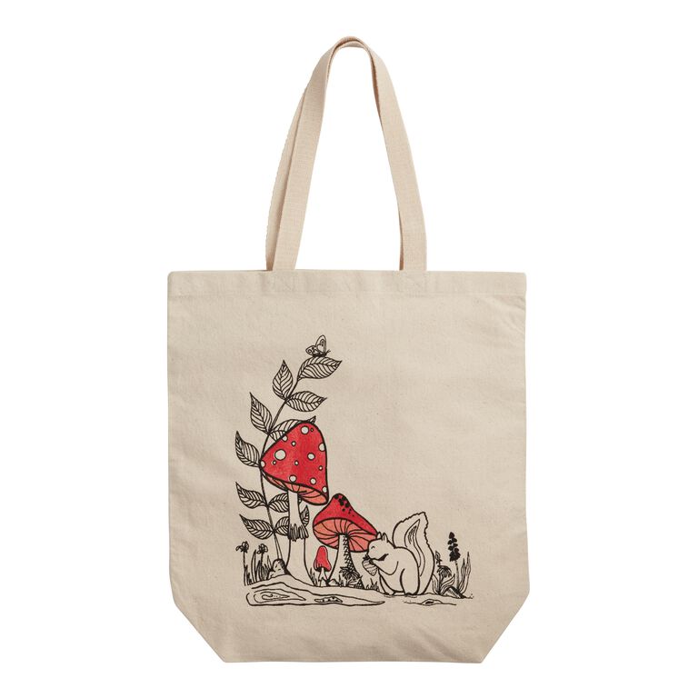 Red Mushroom And Squirrel Line Drawn Canvas Tote Bag - World Market