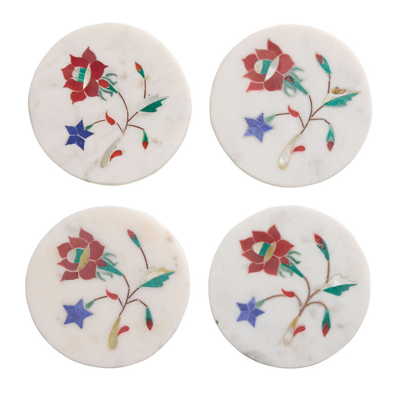 White Marble and Mother of Pearl Floral Inlay Coasters 4 Pack - World ...
