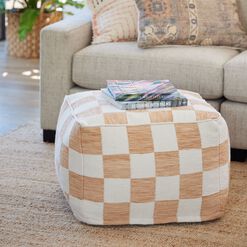 Square Ivory And Rust Checkered Pouf