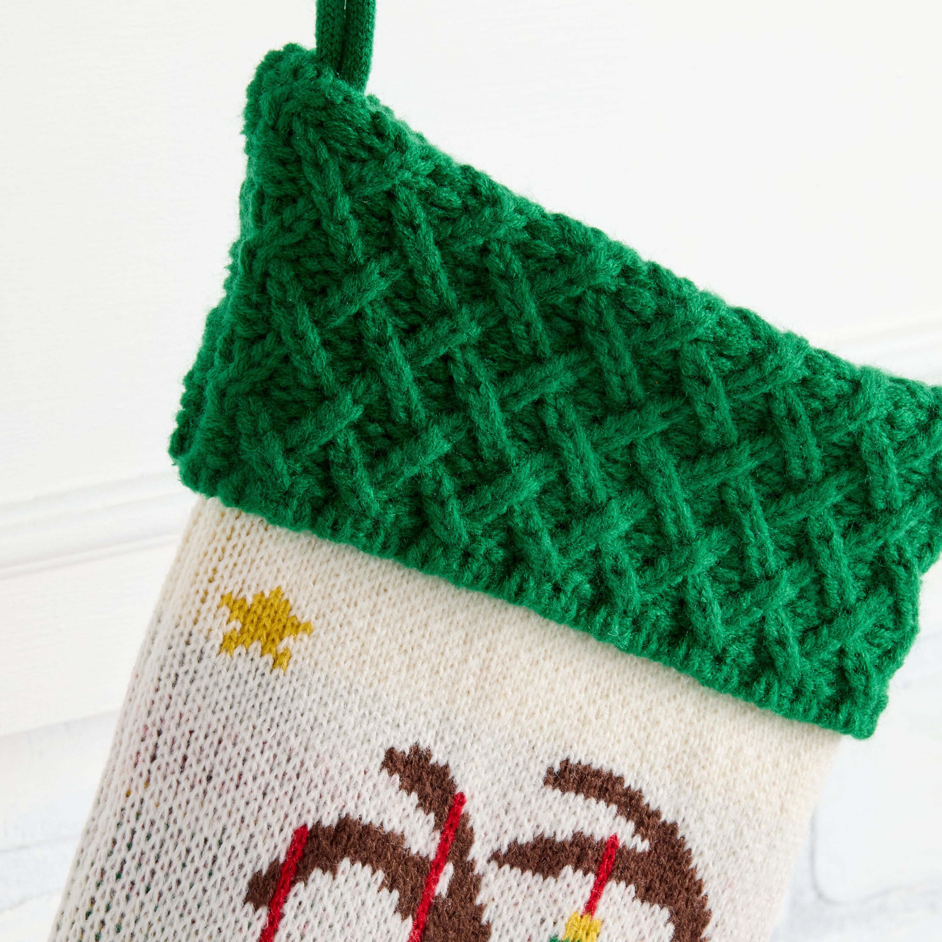Green and White Knit Reindeer Christmas Stocking