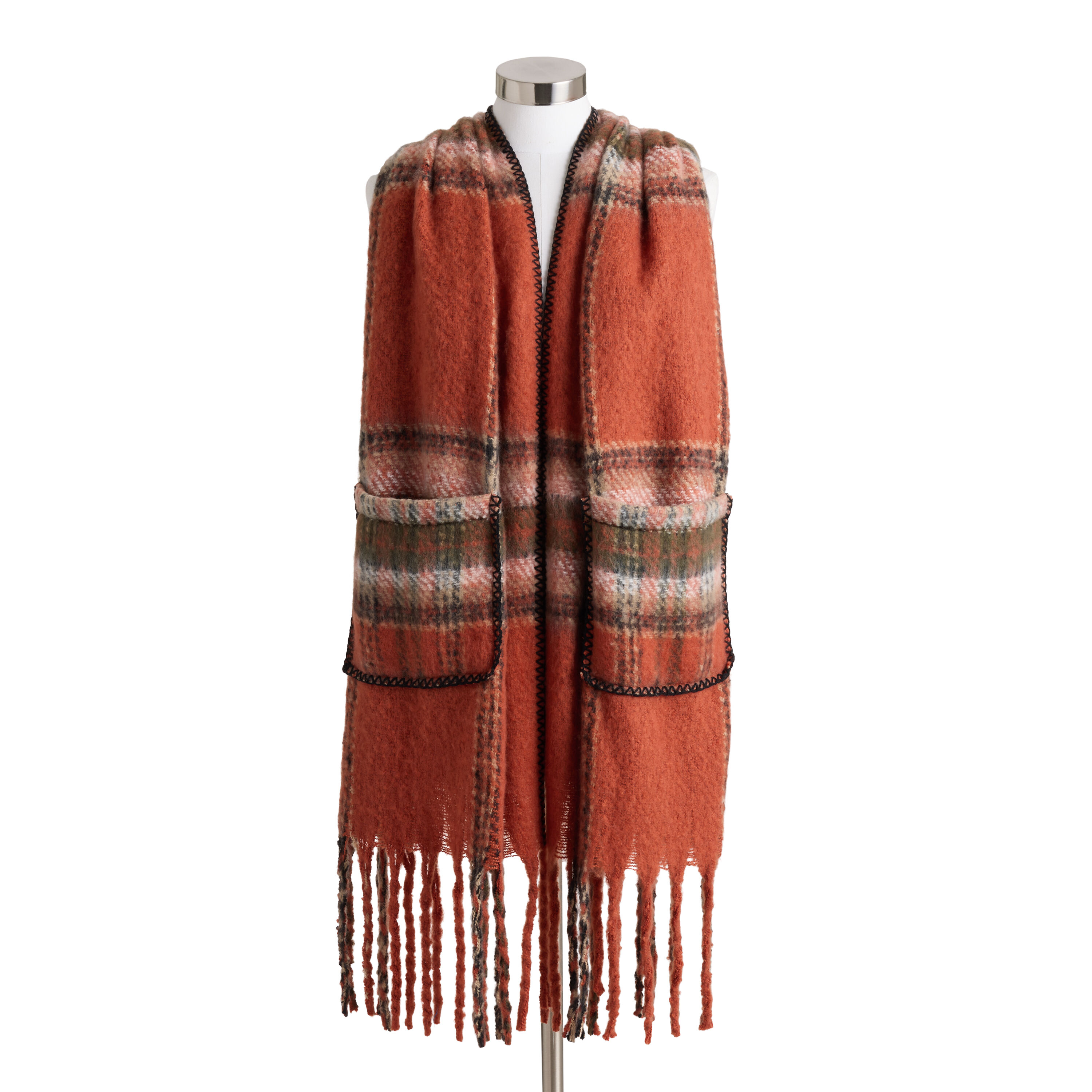 Orange and Black Plaid Brushed Blanket Scarf with Pockets image number 0