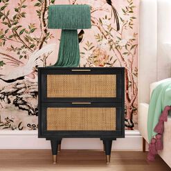 Chrisney Black Wood and Natural Cane Nightstand With Drawers