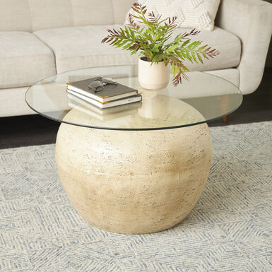 Fernanda Round Beige Resin Orb Glass Top Coffee Table Fernanda Round Beige Resin Orb Glass Top Coffee Table