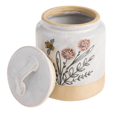 Ivory Wax Resist Ceramic Flowers and Bee Storage Container Ivory Wax Resist Ceramic Flowers and Bee Storage Container