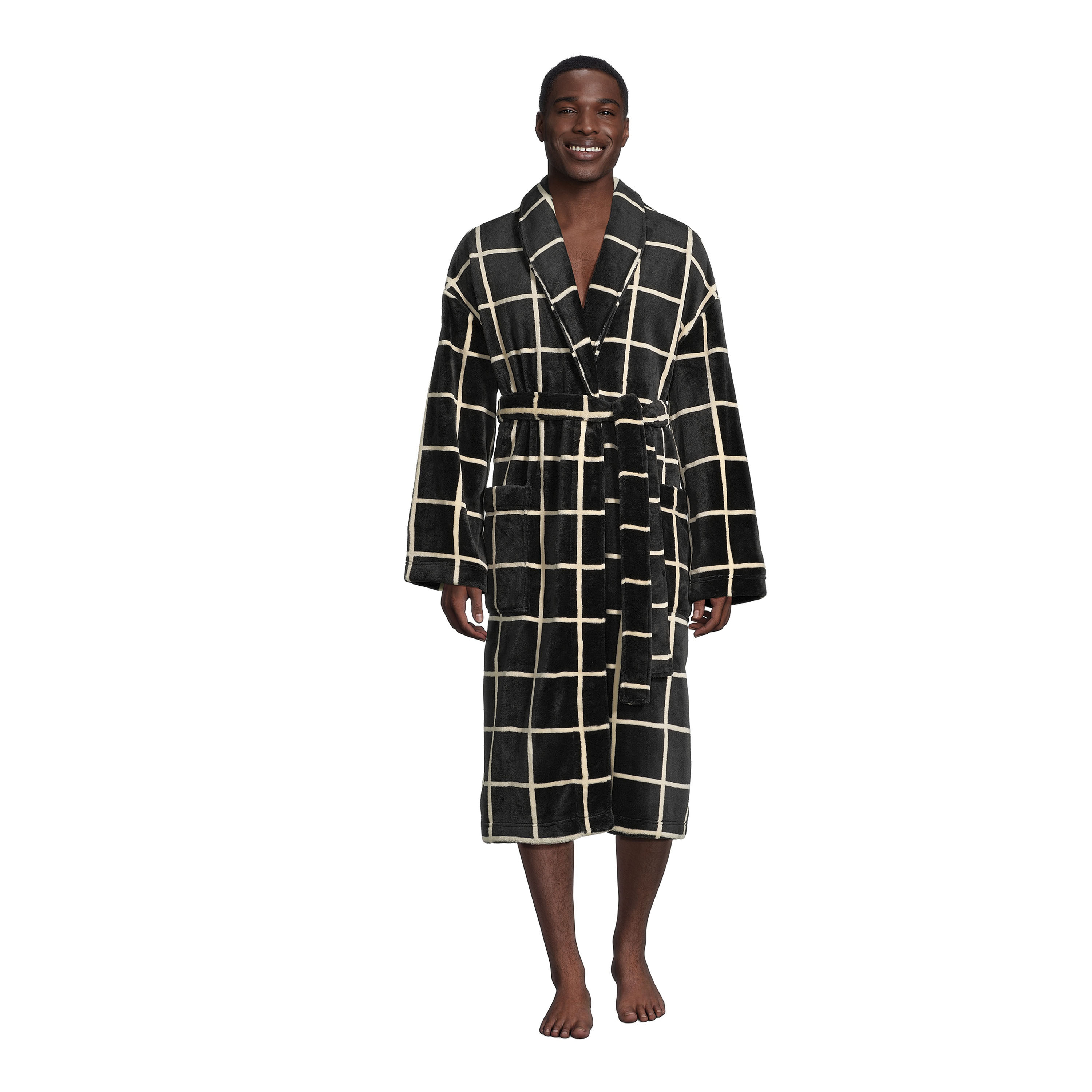 Black And White Windowpane Plaid Fleece Men s Robe World Market