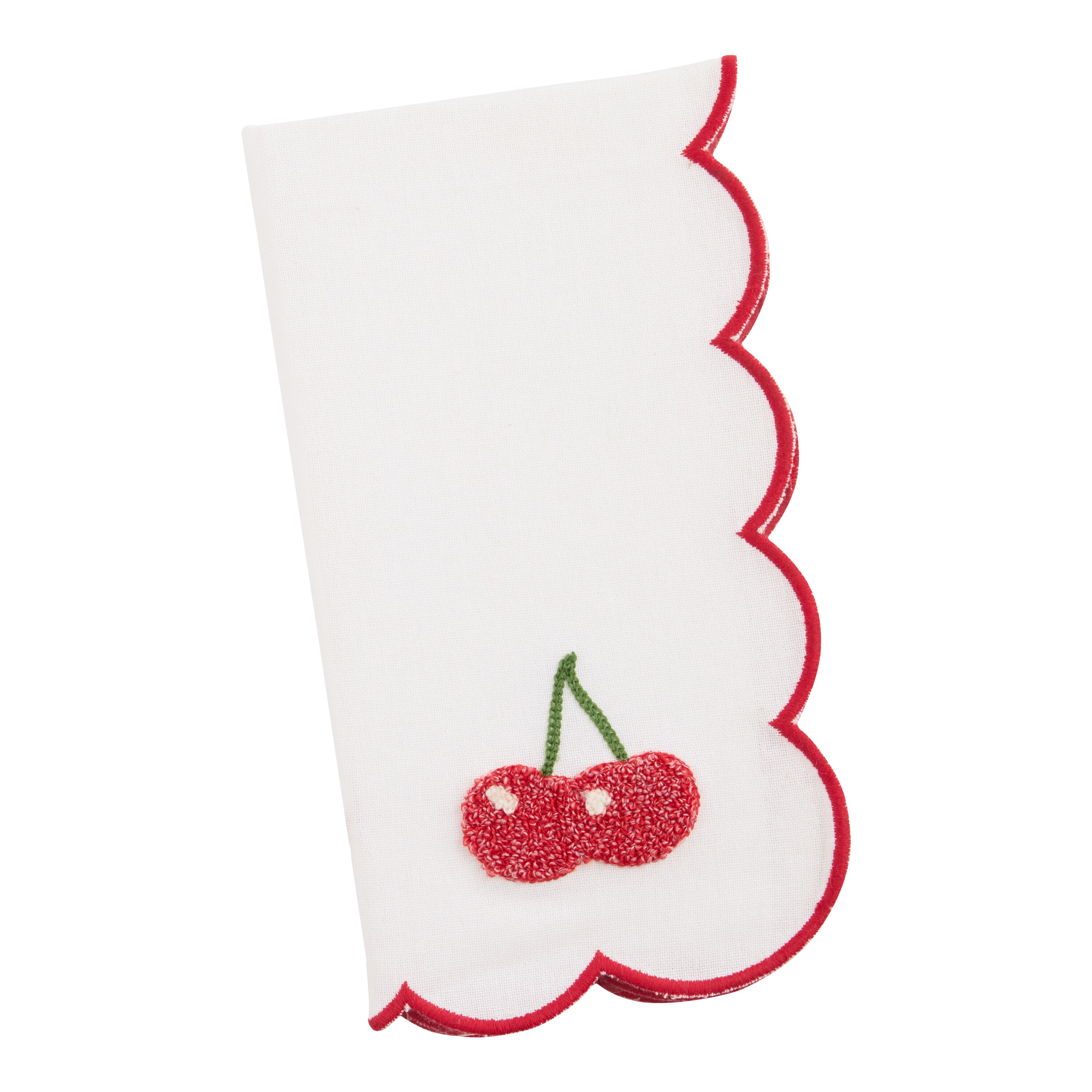White and Red Cherry Scalloped Embroidered Napkin image number 0