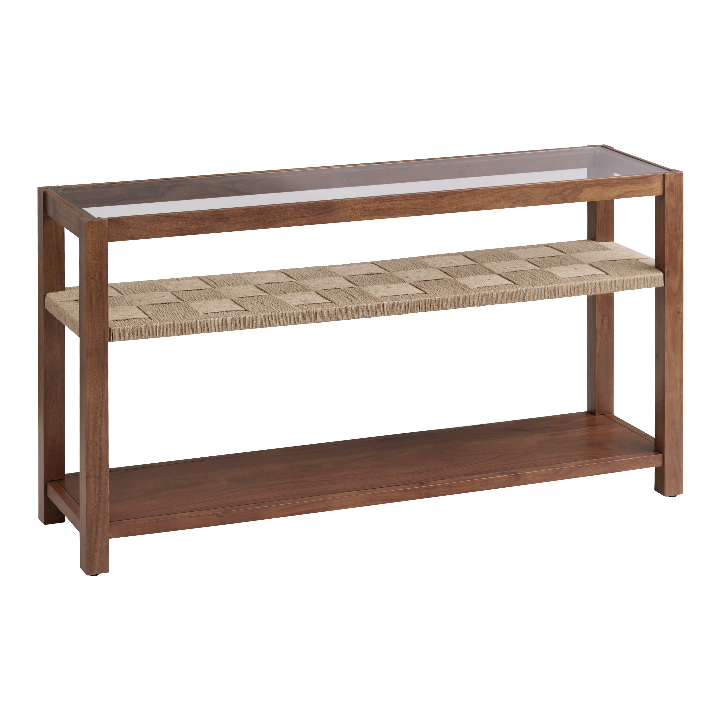 Lincoln Wood and Jute Glass Top Console Table with Shelves
