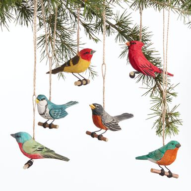 Carved Wood Songbird on Twig Ornaments Set of 6 Carved Wood Songbird on Twig Ornaments Set of 6