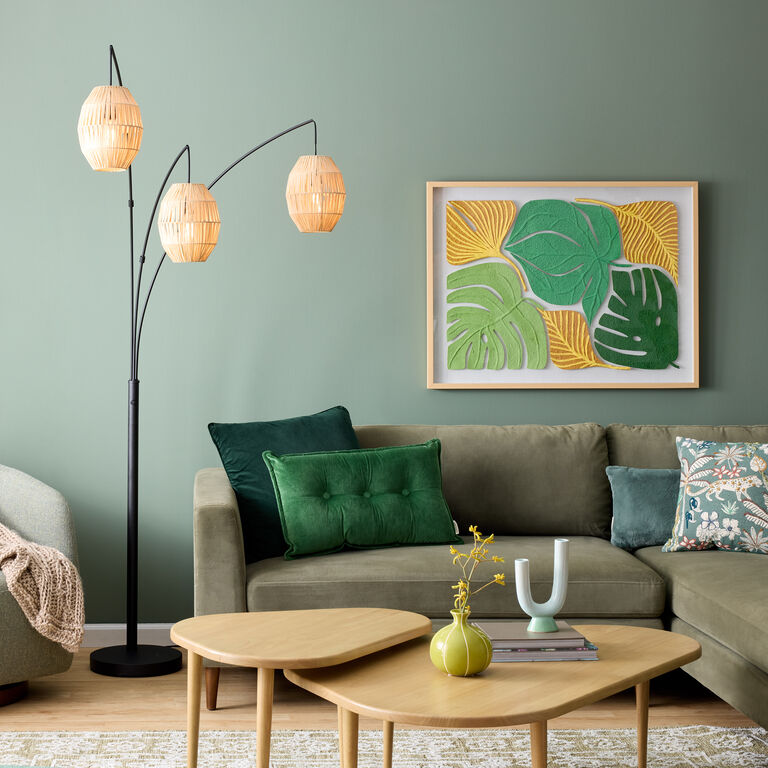 Raffia Globe and Metal 3 Light Adjustable Arc Floor Lamp image number 2