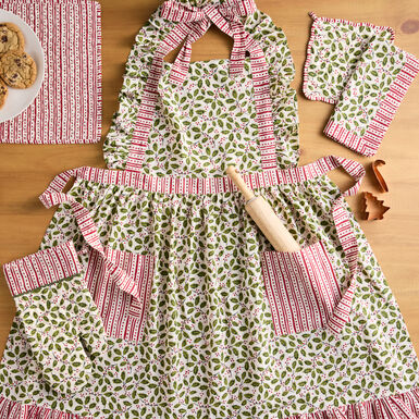 Green and Red Holly Stripe Ruffle Apron Green and Red Holly Stripe Ruffle Apron