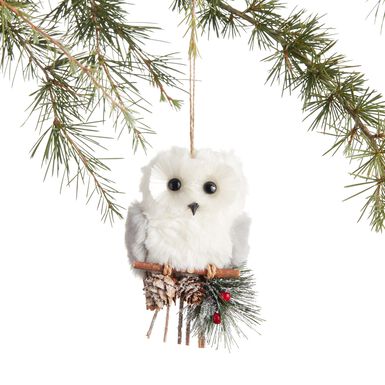 Faux Fur Owl on Twig Perch Ornament Faux Fur Owl on Twig Perch Ornament