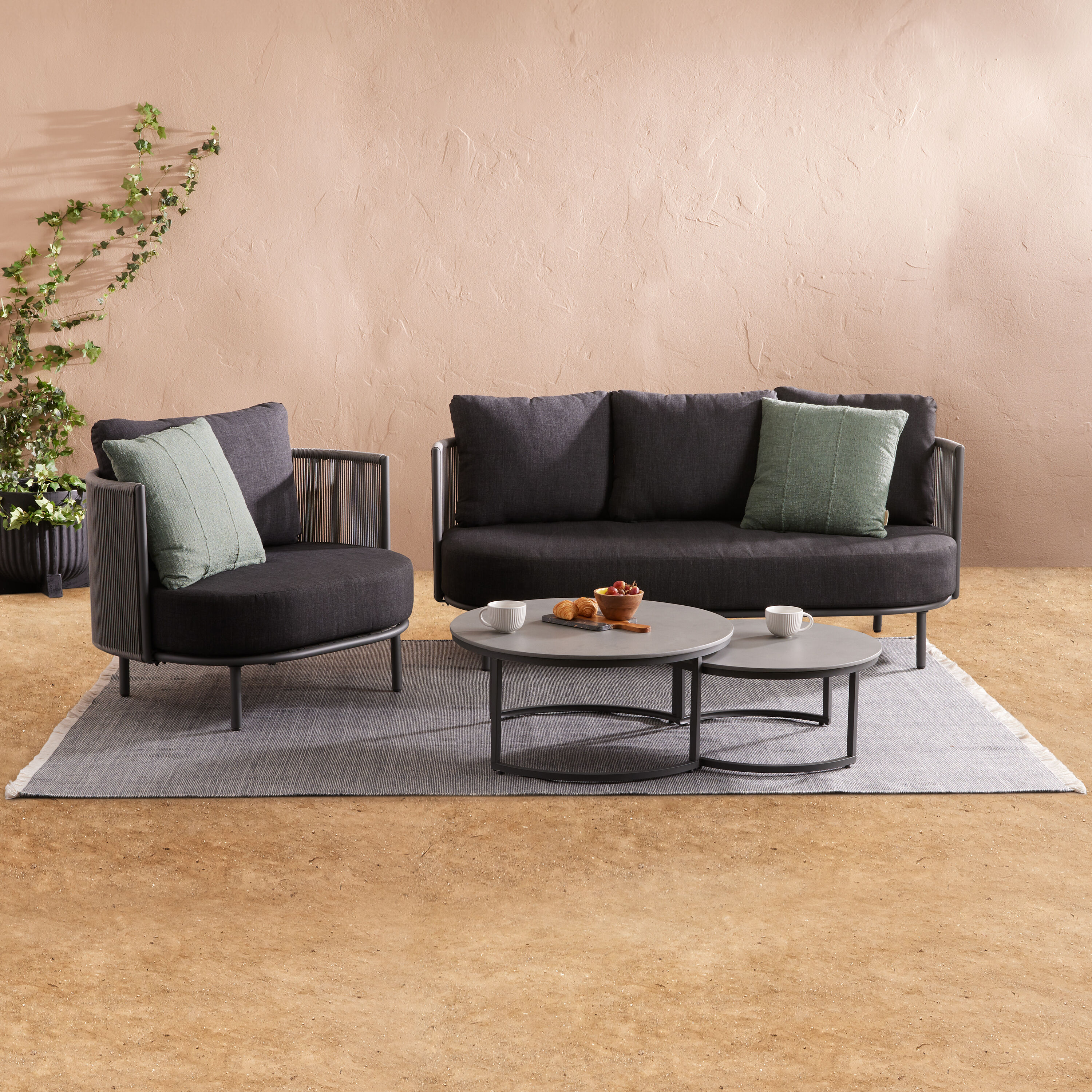 Zanotti Gray Rope and Charcoal Curved Outdoor Cuddle Chair