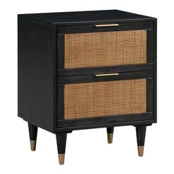 Chrisney Black Wood and Natural Cane Nightstand With Drawers