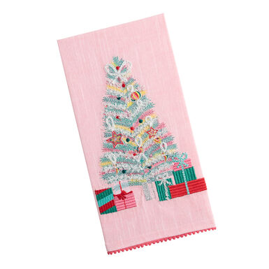 Pink Tinsel Christmas Tree Embroidered Kitchen Towel Pink Tinsel Christmas Tree Embroidered Kitchen Towel
