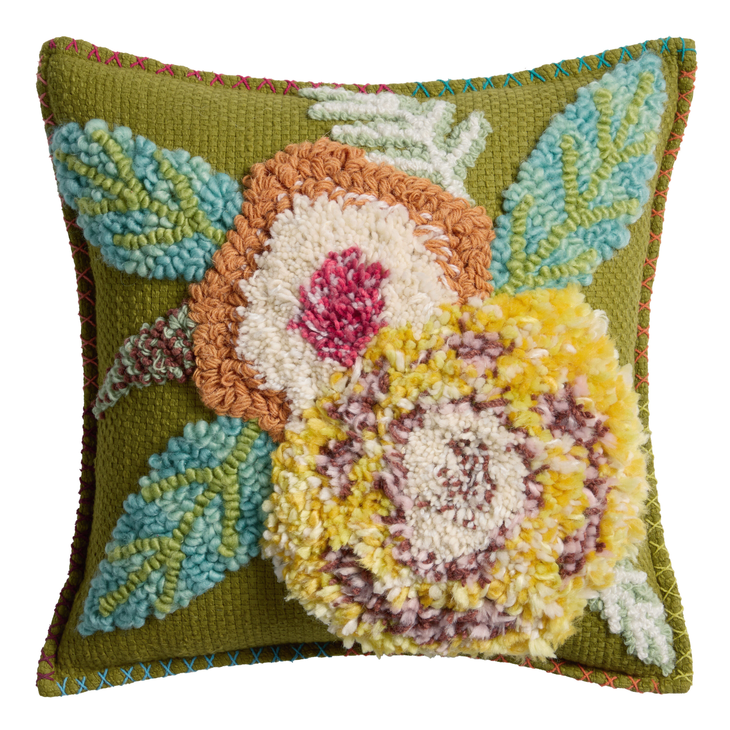 Green Overtufted Floral Throw Pillow image number 0