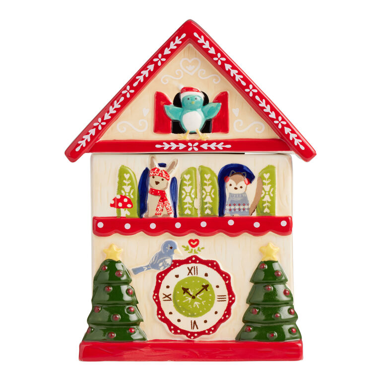 Red and Green Holiday Cuckoo Clock Figural Cookie Jar image number 1