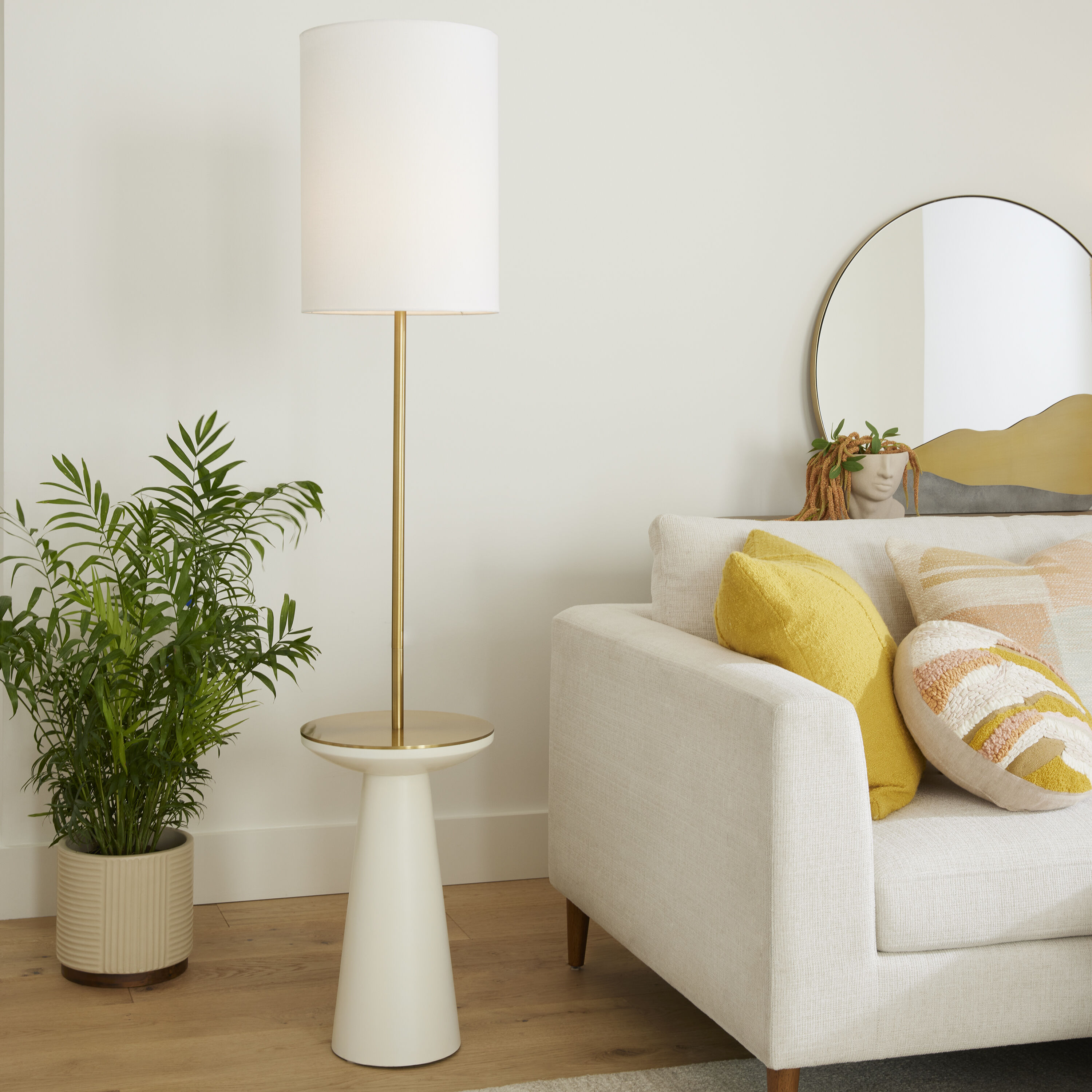 Egret Off White and Brass Metal Floor Lamp with Table