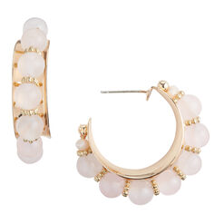 Gold And Semiprecious Rose Quartz Bead Hoop Earrings