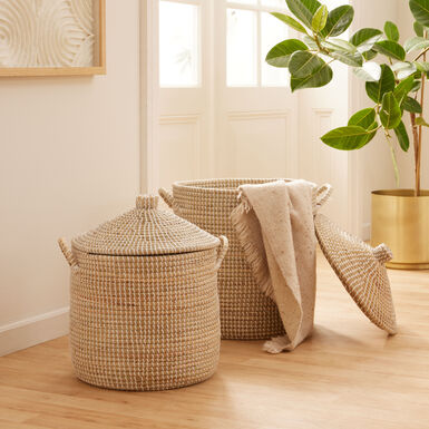 Adira White and Natural Seagrass Basket With Lid Adira White and Natural Seagrass Basket With Lid