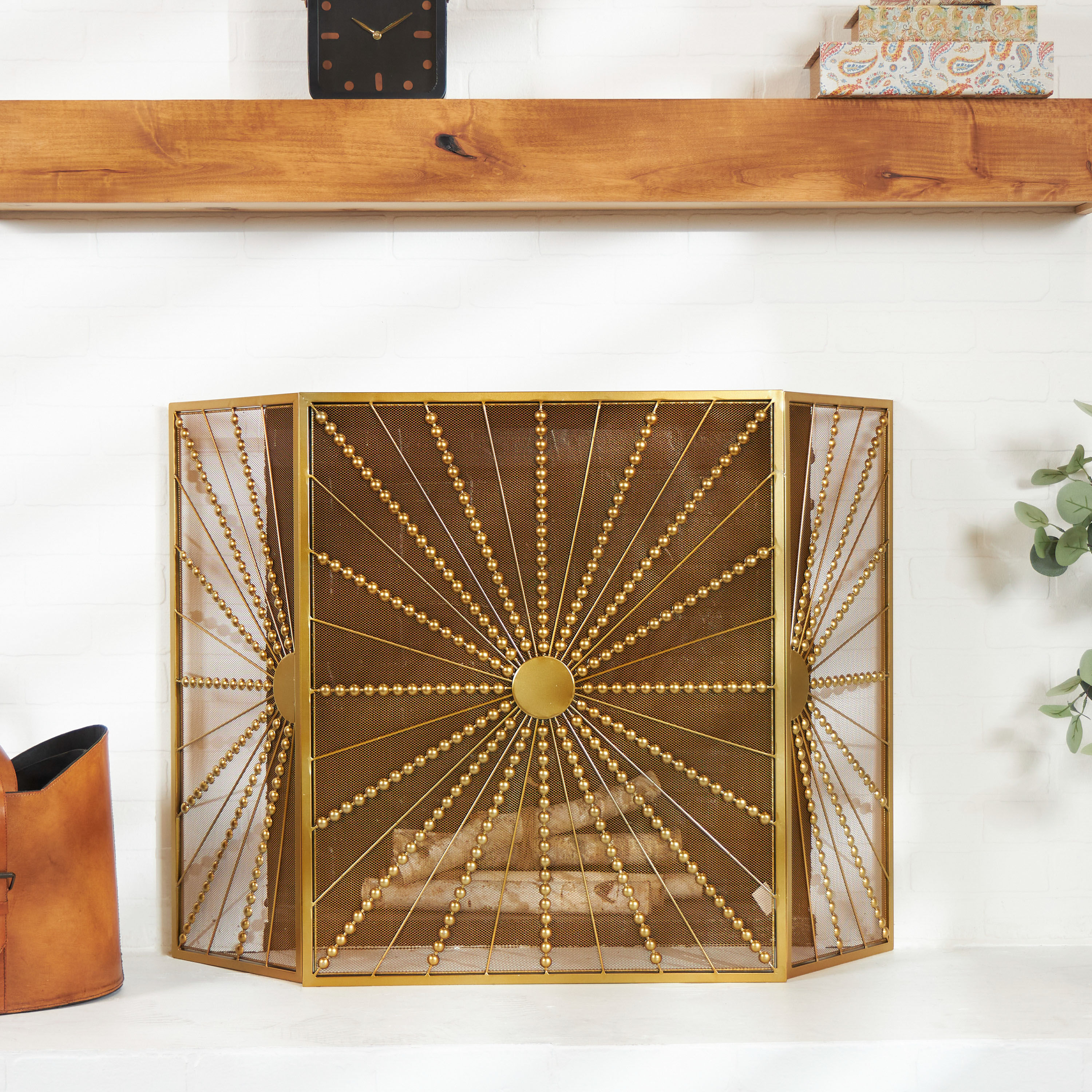 Gold Metal Mesh Starburst 3 Panel Folding Fireplace Screen image number 1