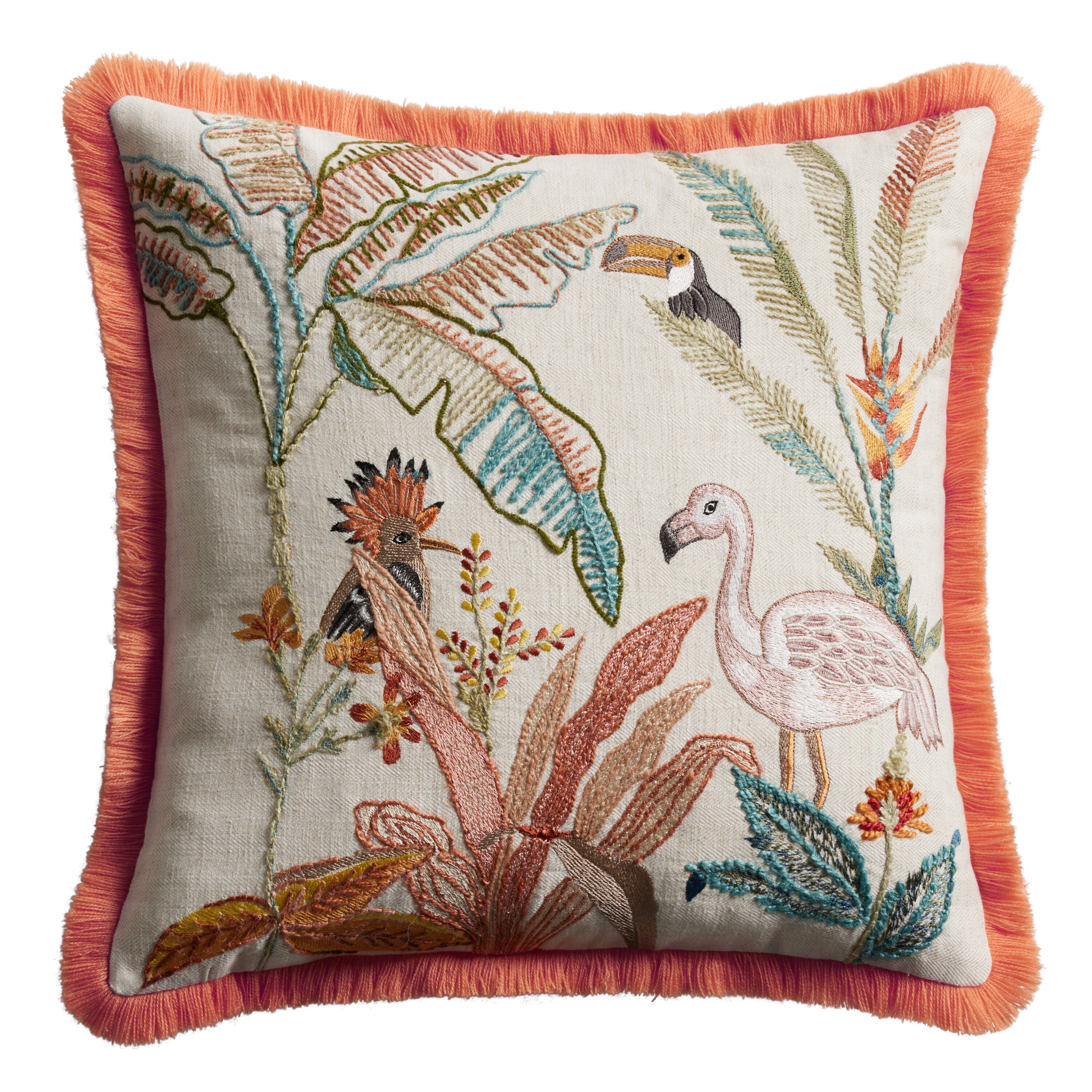 Ivory Flamingo Embroidered Throw Pillow