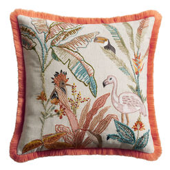 Ivory Flamingo Embroidered Throw Pillow