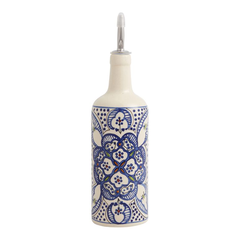 Tunis White and Blue Ceramic Oil Bottle - World Market