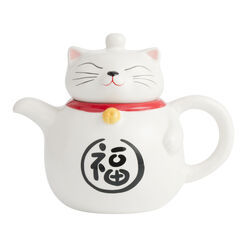 White Ceramic Lucky Cat Figural Teapot