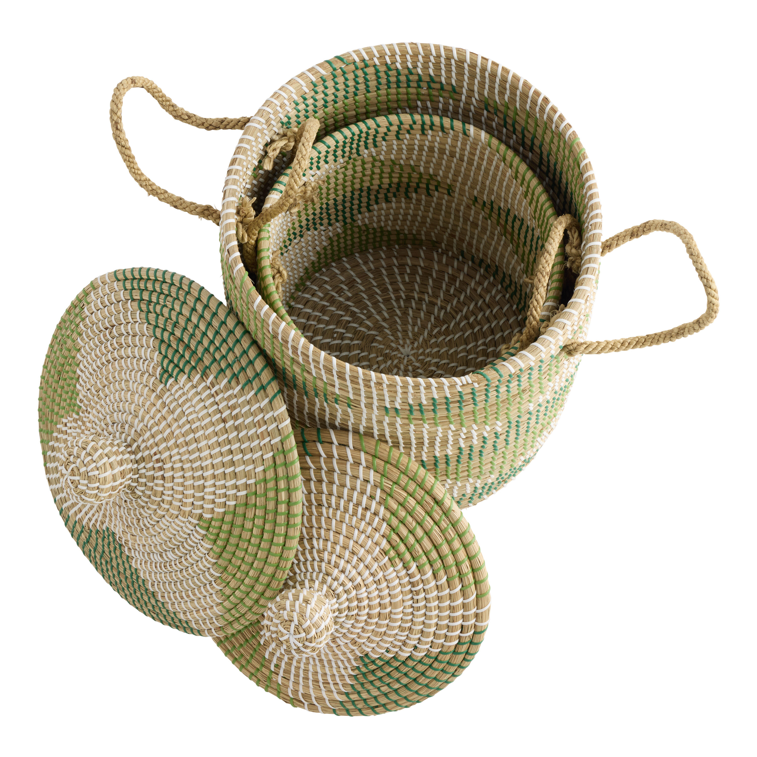 Natural and Green Seagrass Diamond Basket with Lid image number 1