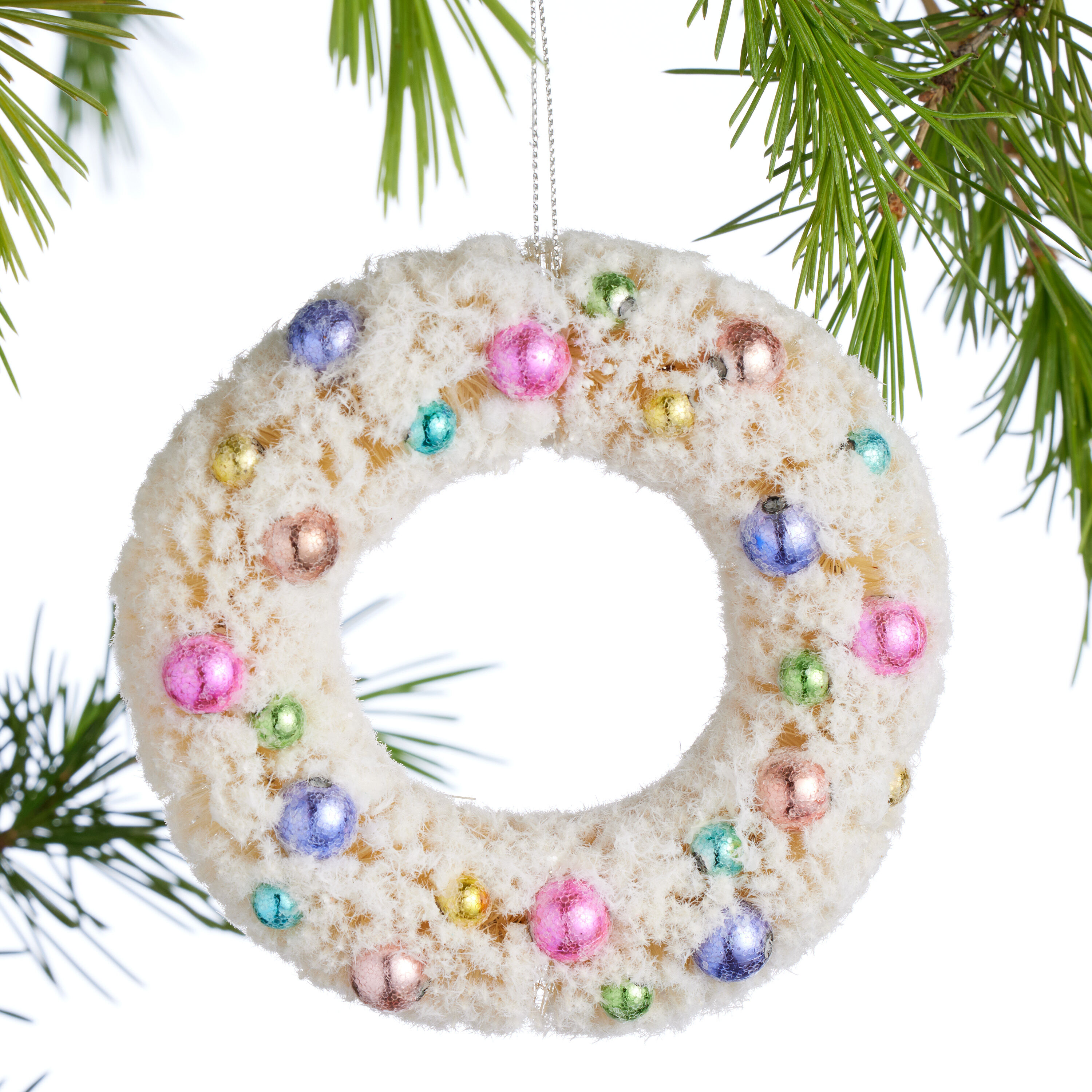 White Retro Flocked Bottlebrush Wreath Ornament image number 0
