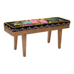 Bobi Multicolor Mango Wood Floral Upholstered Bench