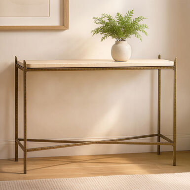 Tulia Travertine and Antique Brass X Base Console Table Tulia Travertine and Antique Brass X Base Console Table