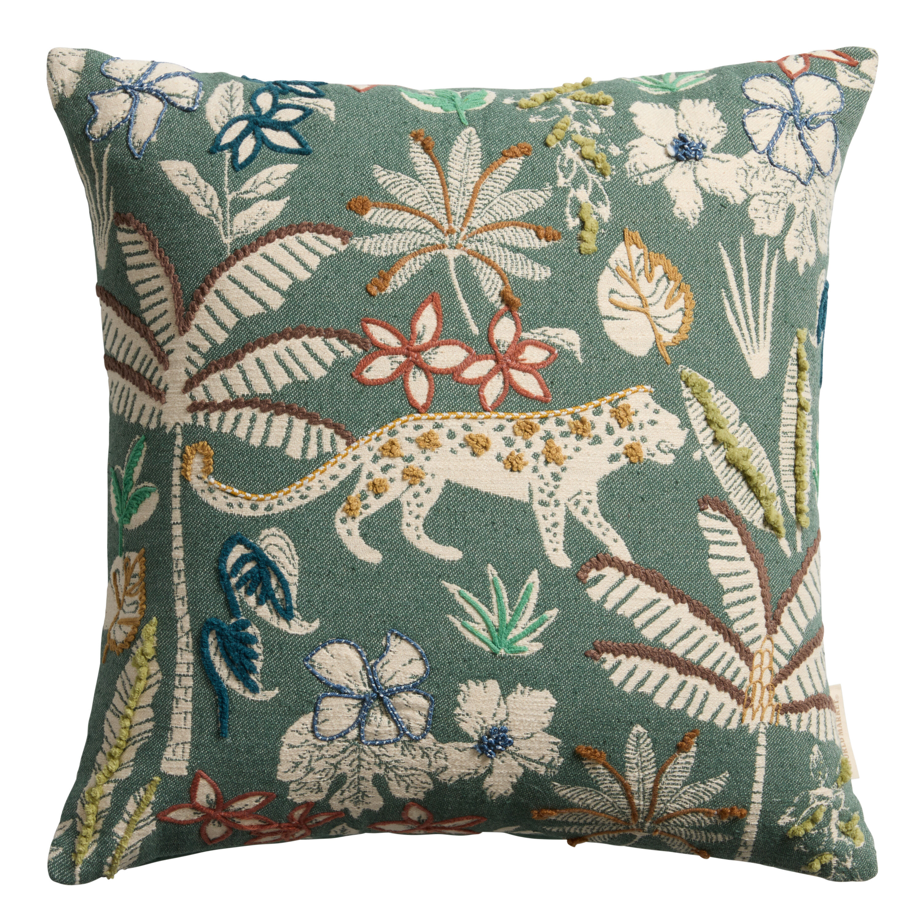 Dark Teal Jungle Jacquard Embroidered Throw Pillow