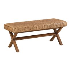 Woven Seagrass and Brown Wood Bench