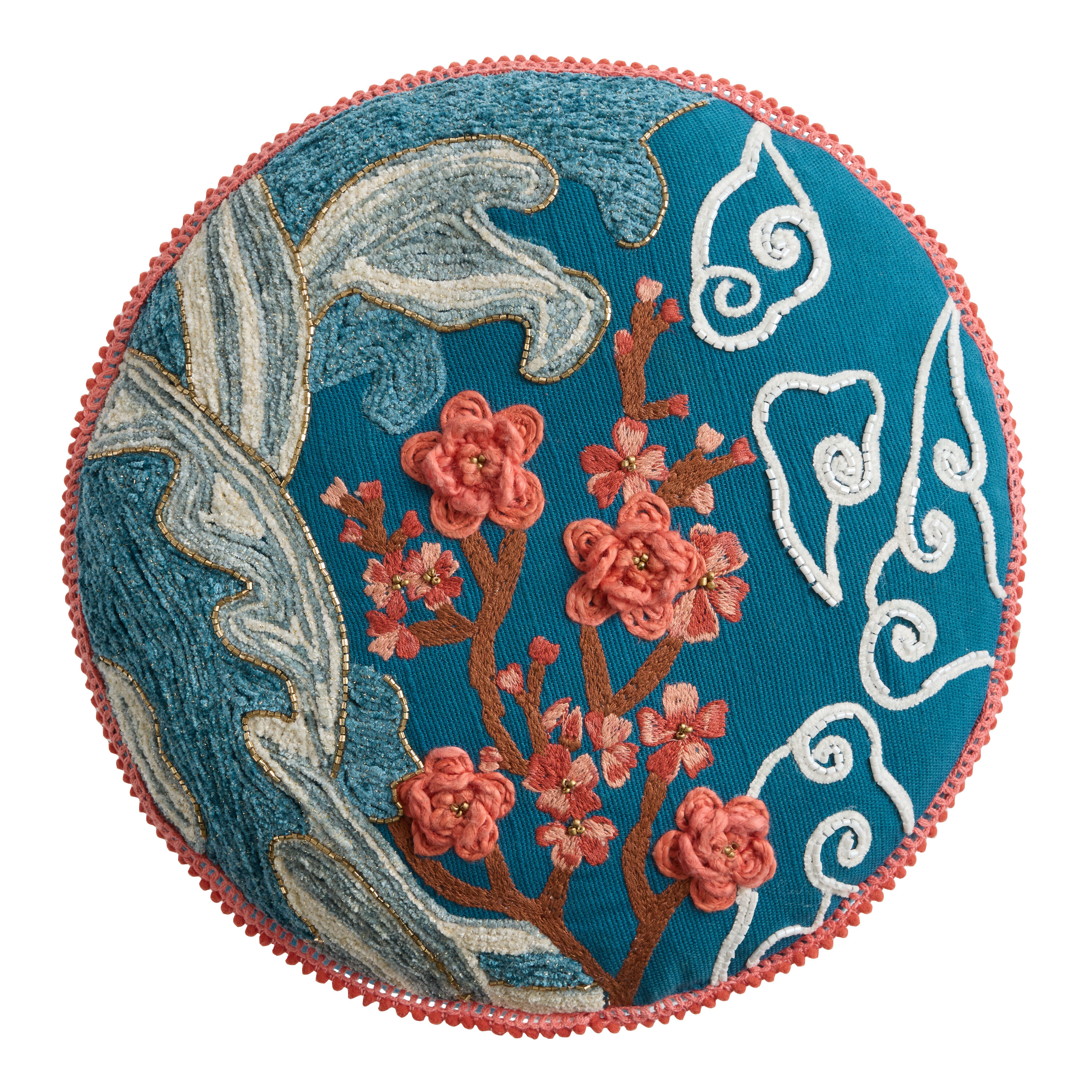 Round Blue and Coral Cherry Blossom Embroidered Throw Pillow image number 0