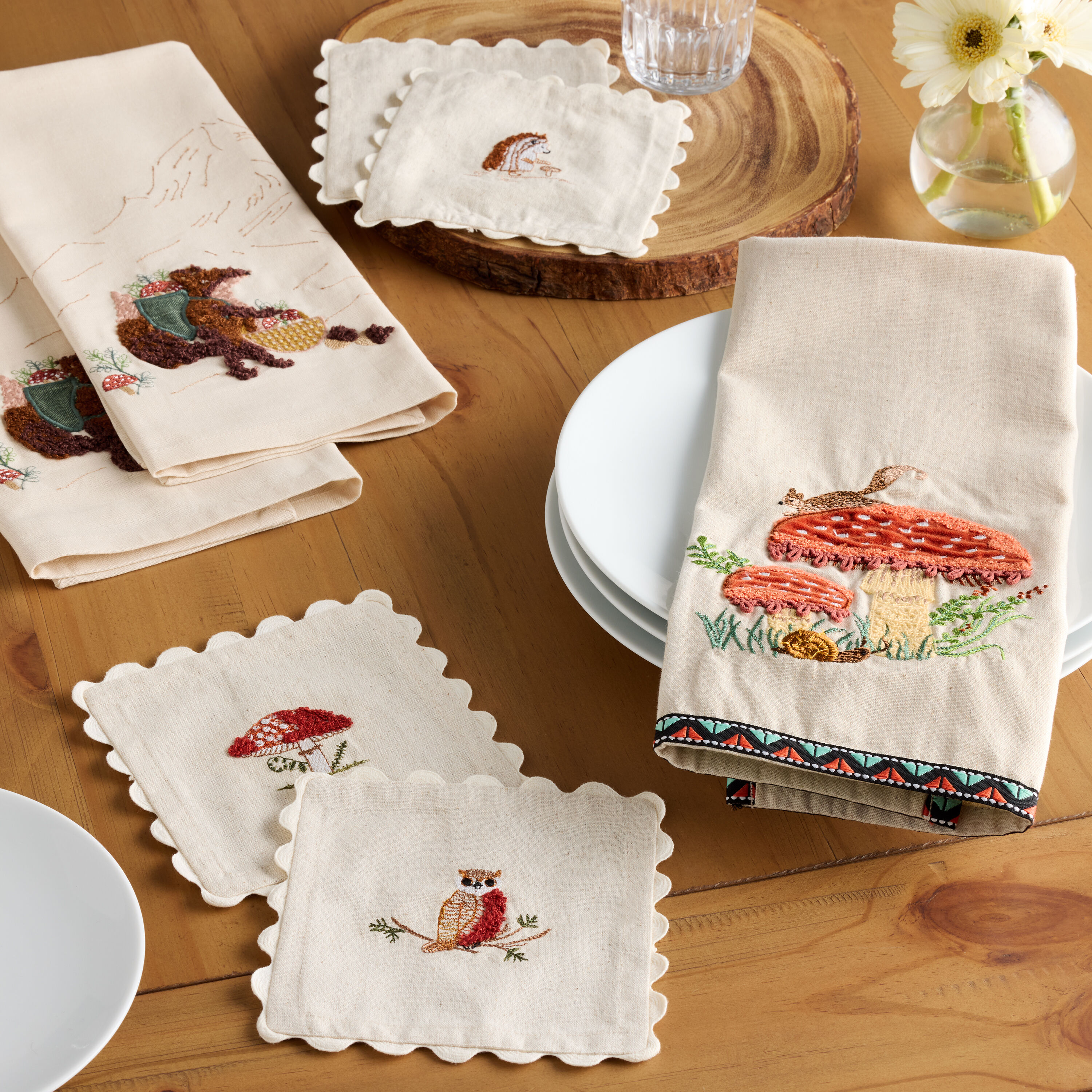 Oatmeal Embroidered Critters Cocktail Napkins 4 Pack image number 1