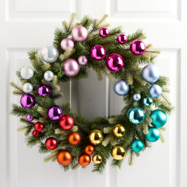 Mixed Faux Greenery with Rainbow Ornaments Wreath Mixed Faux Greenery with Rainbow Ornaments Wreath