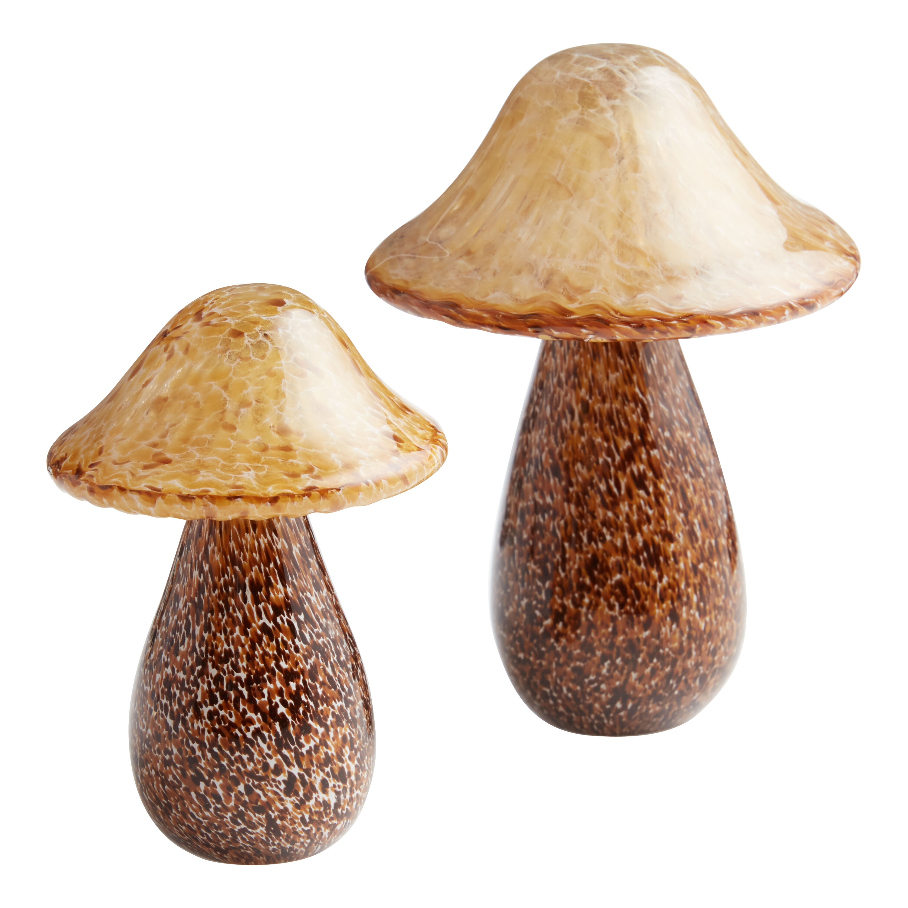 Brown And White Handblown Glass Mushroom Decor