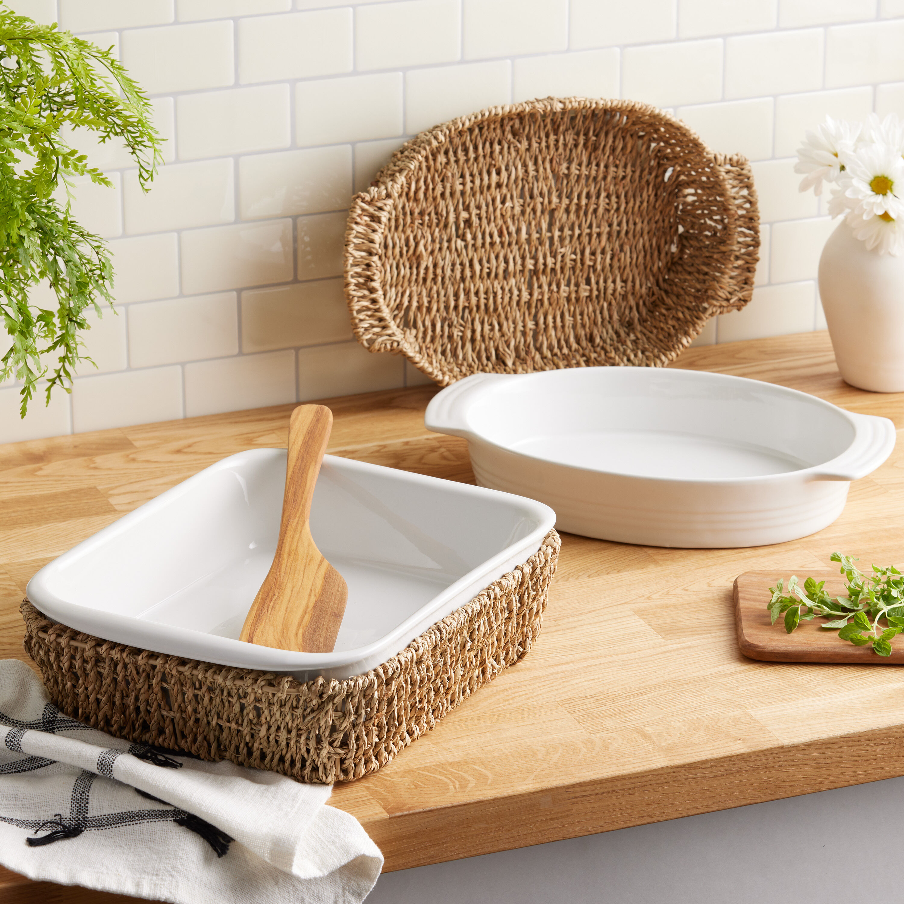 White Ceramic Baking Dish with Seagrass Trivet