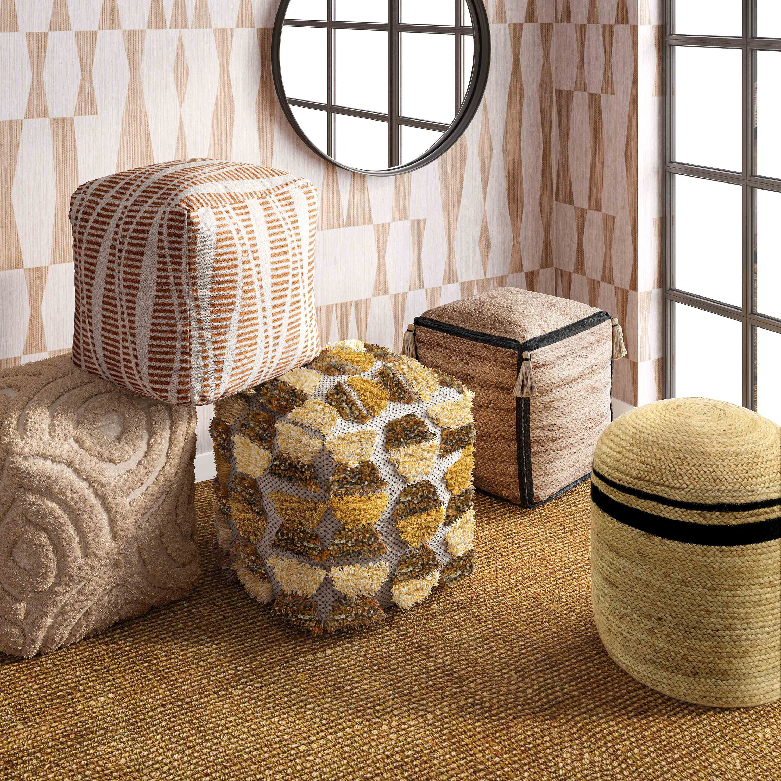 Round Natural and Black Stripe Jute and Cotton Ottoman
