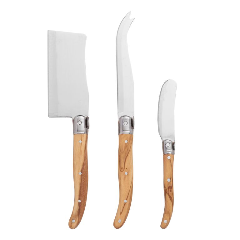 3-Piece Olive Wood Cheese Knife Set with Acacia Cheese Board, 1027327