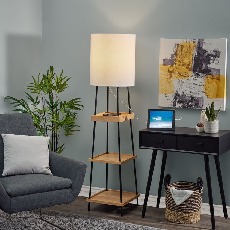 Rowland Floor Lamp With Shelves, USB and Charging Pad image number 6