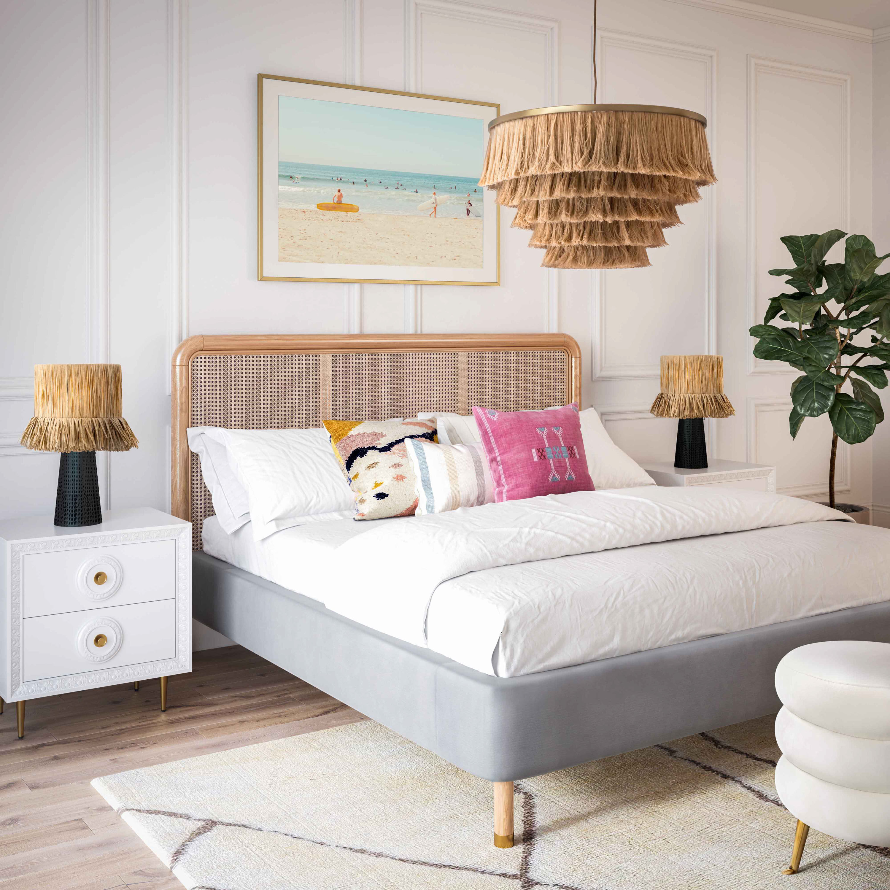 Rexburg Gray Velvet and Natural Cane Platform Bed