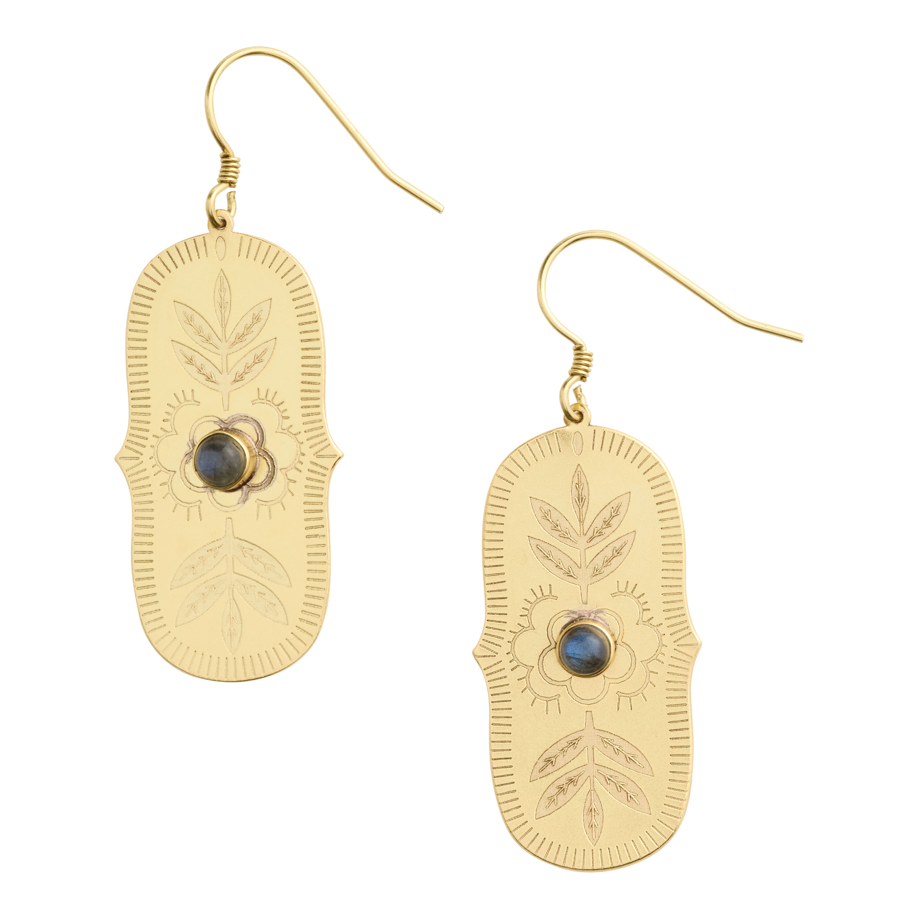 Brass And Semiprecious Labradorite Stamped Drop Earrings